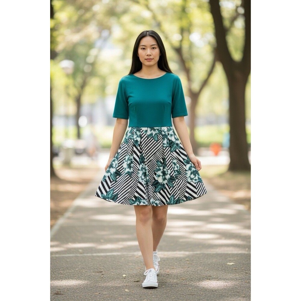 Oxiuly Fashion Fit & Flare Dress Teal Floral Size XL